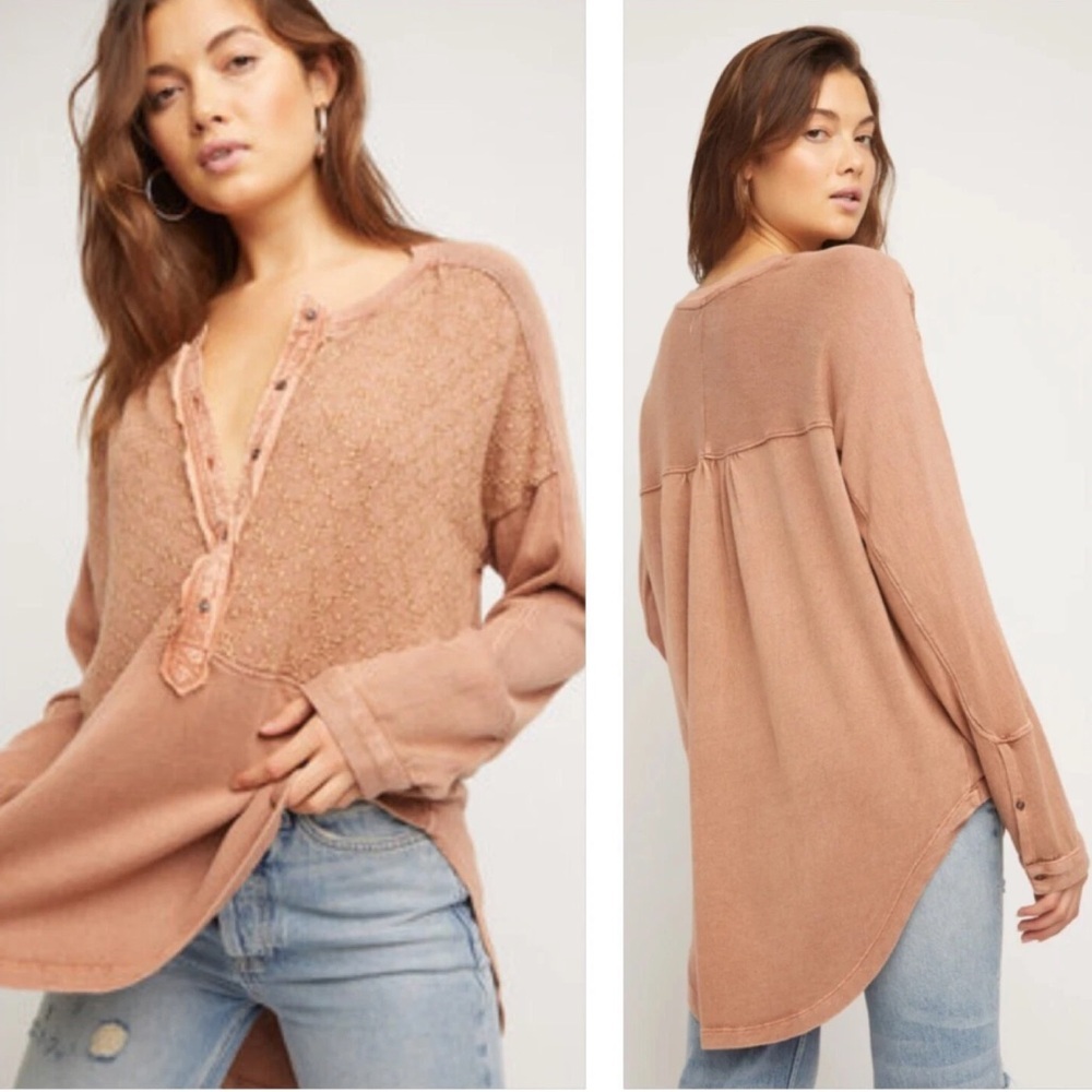 Free People Free Spirit Henley Top Embroidered Button Oversized Tunic size small